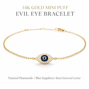14k gouden diamant boze oog-armband, blauwe saffier boze oog-armband, zwarte diamant in het midden, sierlijke gouden beschermingsarmband, verstelbaar: 6-7"