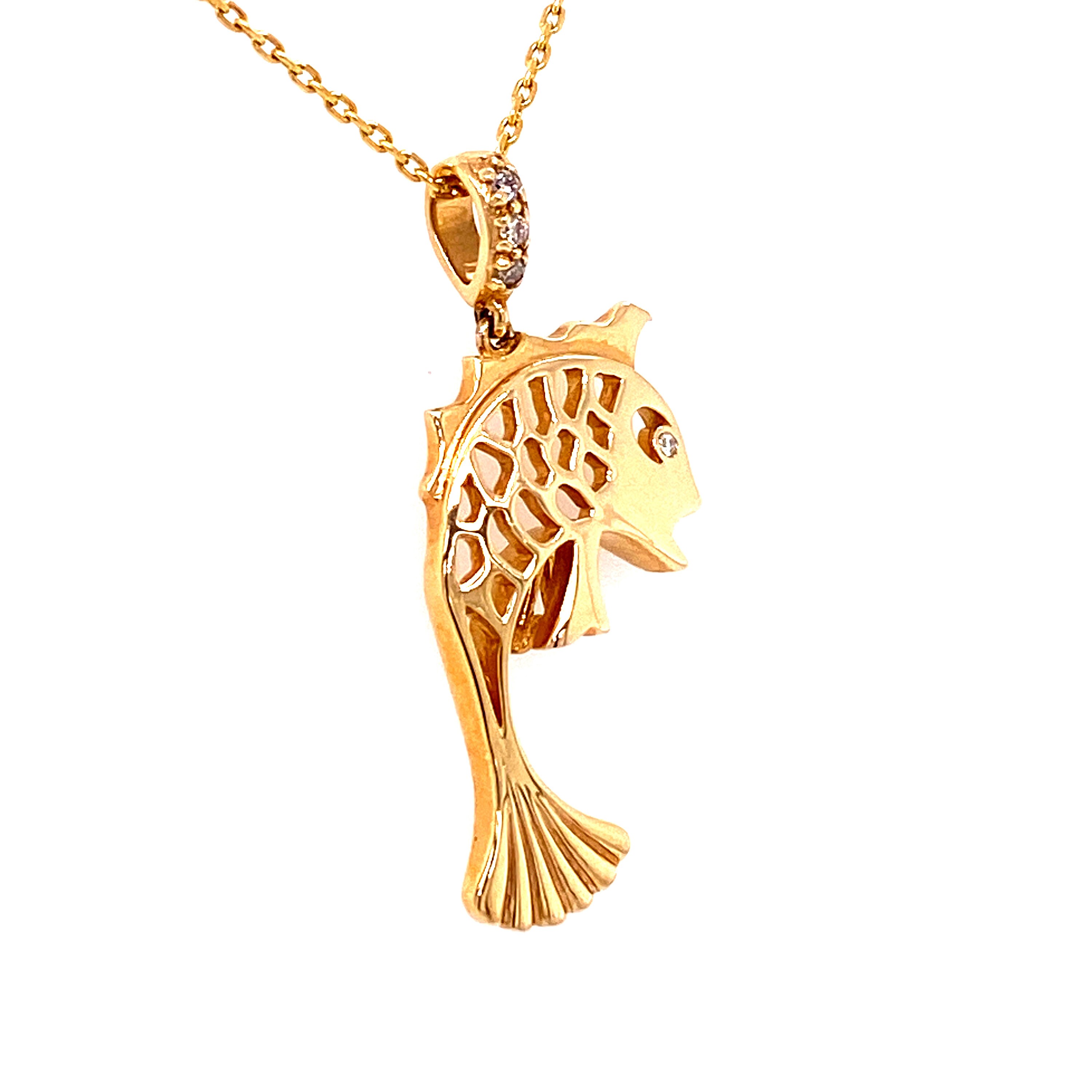 14k Yellow Gold Jumping Fish Necklace Pendant With Diamond Eye ...