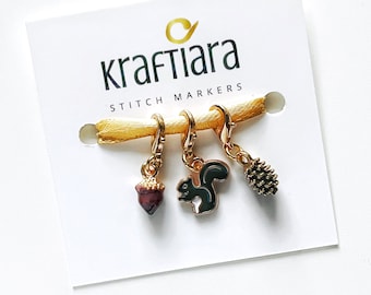 Woodland Charm Stitch Markers: Acorn, Squirrel, Pine Cone - Knitting Crochet Accessories