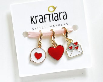 Valentine's crochet stitch markers, heart and love letter markers, knitting and crochet accessories