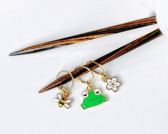 Frog stitch marker, cute bee and tiny flower knit markers, progress keepers, fun knitting accessory