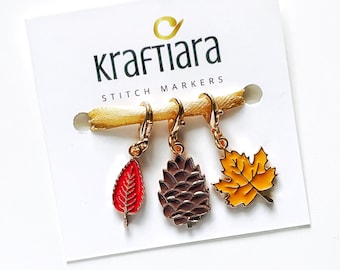 Colorful fall leaves stitch markers, leaves progress keepers for knitting and crochet