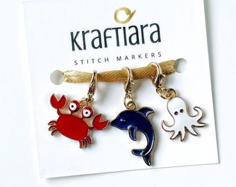 Sea Creatures Stitch Marker Set – Ocean Themed Knitting & Crochet Markers – Marine Life Progress Keepers