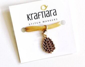 Pine Cone Stitch Marker: Golden Enamel Crochet Knitting Progress Keeper