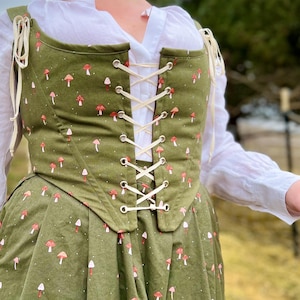 Hobbit Stays in Green Mushroom Print, Fantasy Costume Corset Bodice