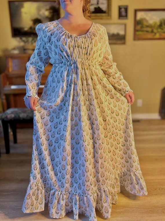 Regency Gown * Block-Printed Cotton Empire Waist Dress Jane Austen Style