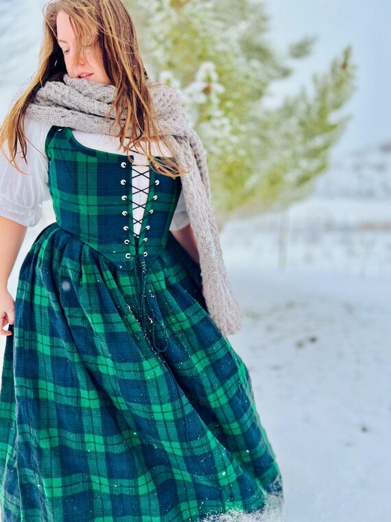 Cotton 18th Century Stays in Black Watch Plaid, Tartan Costume Bodice