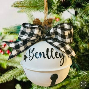 Personalized Christmas bell ornament, jingle bell ornament, rustic farmhouse ornament, personalized bell ornament, white bell gift