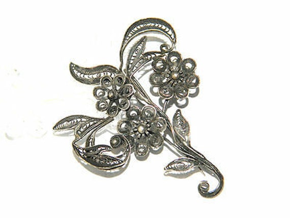 Silver Filigree FLOWER BOUQUET BROOCH Floral Lapel