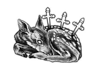 May include: A black and white illustration of a fawn lying down, with three swords piercing its back. The fawn has a tear falling from its eye. The image is detailed with stippling, creating a textured effect. The overall theme is somber and symbolic.