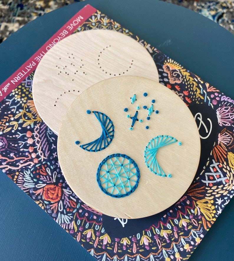 Wood Embroidery Disk Blame it on the Moon Perforated Disk Pattern for Embroidery Stitching, Wood Stitching Blank DIY Disk image 2