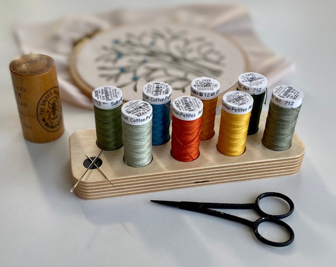 Wooden Embroidery Floss Spool Rack with Needle Minder Organizer