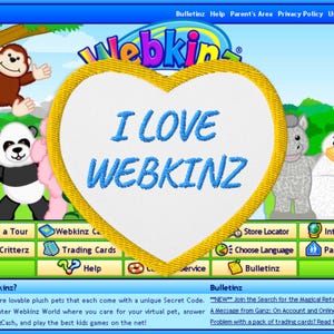 May include: A heart-shaped patch with the text "I LOVE WEBKINZ" embroidered in blue on a white background, framed by a yellow border. The Webkinz logo is visible at the top.