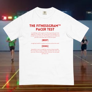 Könnte beinhalten: Weißes T-Shirt mit dem Text "THE FITNESSGRAM™ PACER TEST" auf der Vorderseite. Der Text beschreibt einen mehrstufigen aeroben Leistungstest, der mit zunehmender Dauer immer schwieriger wird. Der 20-Meter-Pacer-Test beginnt in 30 Sekunden. Stellen Sie sich am Start auf. Die Laufgeschwindigkeit beginnt langsam, wird aber jede Minute schneller, nachdem Sie dieses Signal hören. [BEEP] Eine Runde sollte jedes Mal abgeschlossen werden, wenn Sie diesen Ton hören. [DING] Denken Sie daran, in einer geraden Linie zu laufen und so lange wie möglich zu laufen. Wenn Sie zum zweiten Mal einen Lauf nicht vor dem Ton abschließen, ist Ihr Test beendet. Der Test beginnt mit dem Wort Start. Auf die Plätze, fertig, los!