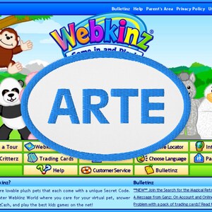 May include: A screenshot of the Webkinz website, displaying the Webkinz logo and the word "ARTE" within a blue oval. The background features cartoon characters and a blue header. The website's design is bright and child-friendly.