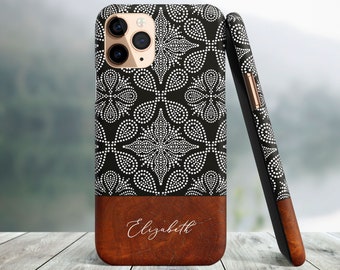 May include: A black and white patterned phone case with a floral design. The bottom section is a wood grain texture with the name "Elizabeth" in a script font. The case is shown upright and leaning against another.