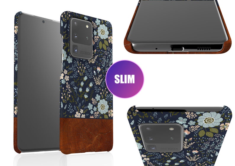 May include: A slim phone case with a floral pattern in shades of blue, green, and white. The case has a brown leather-like bottom and a clear back to show the phone.