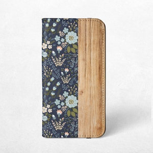 Funda tipo cartera con tarjeta de flores y madera para iPhone 15, 14, 13 12, 11 Pro Max, 15, 14 Plus, 12 Mini, para Samsung S24, S23 Ultra, S22, S21, S20
