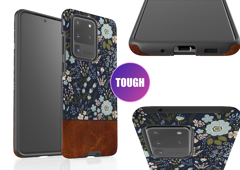 May include: A black phone case with a floral pattern and a brown leather accent. The case is designed to be tough and protective. The case is shown from multiple angles.