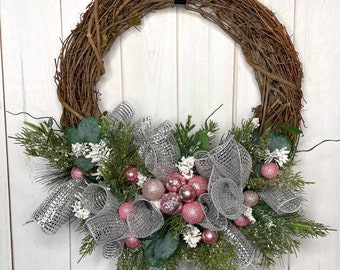 Pink Christmas Wreath for Front Door, Elegant Christmas Wreath, Modern Christmas Wreath, Modern Winter Wreath, Evergreen Christmas Wreath