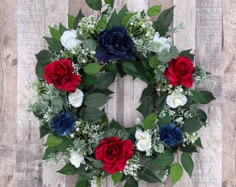 Patriotic 4th Of July Floral Wreath, Memorial Day Wreath, Red White and Blue Wreath, Patriotic Peony Wreath, Patriotic Rose Wreath