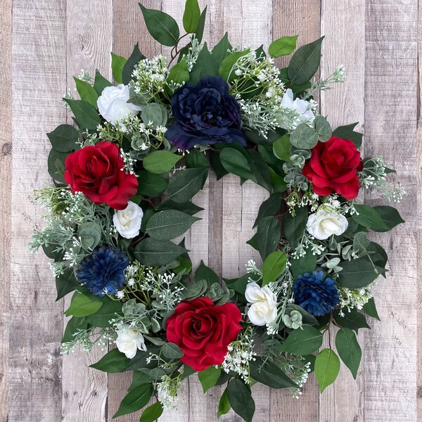 Patriotic 4th Of July Floral Wreath, Memorial Day Wreath, Red White and Blue Wreath, Patriotic Peony Wreath, Patriotic Rose Wreath