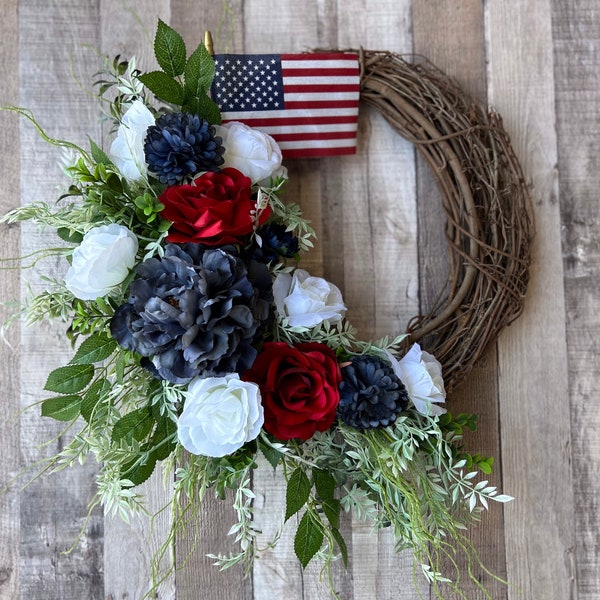 Patriotic Peony Wreath, Red White and Blue Wreath, Memorial Day Wreath, 4th of July Wreath, Peony Summer Wreath, Patriotic Flag Wreath