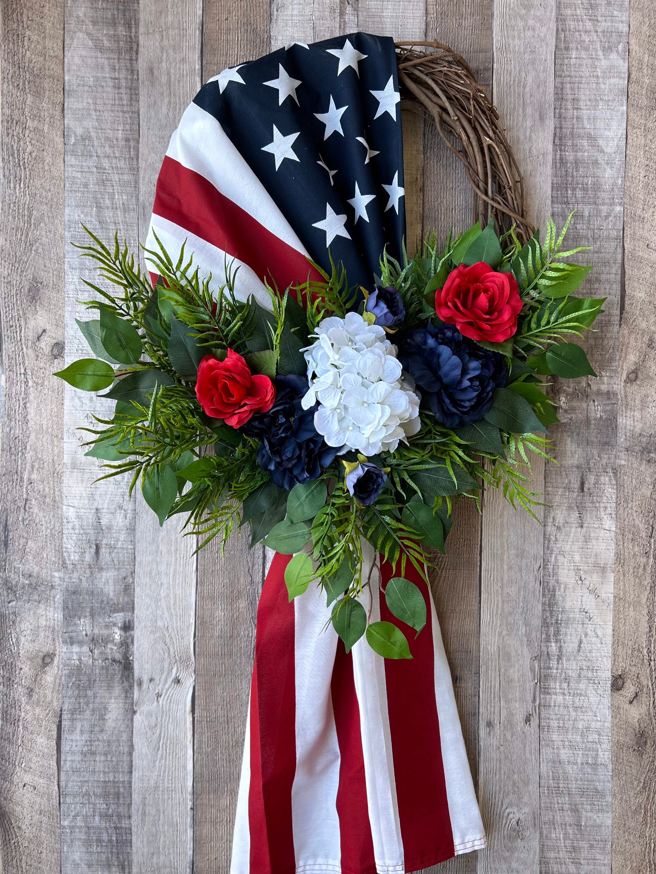 Patriotic Flag Wreath, Floral Peony Hydrangea, 4th of July Decor - Etsy