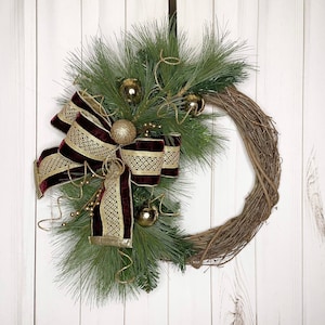 Gold Traditionl Christmas Wreath,Burgundy Christmas Wreath, Evergreen Winter Wreath, Country Christmas Wreath, Modern Christmas Wreath