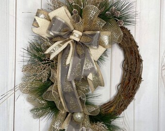 Gold Christmas Wreath, Elegant Christmas Wreath, Modern Christmas Wreath, Evergreen Christmas Wreath, Farmhouse Christmas Wreath