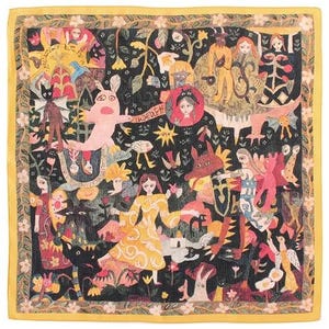 May include: A colorful square scarf with a black background and a whimsical design featuring animals, flowers, and geometric shapes. The scarf is framed by a yellow border.