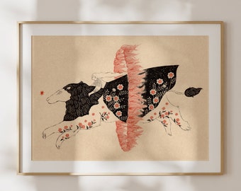 May include: A black and white illustration of a creature with a red and black floral pattern. The creature is running with a small figure on its back. The background is a light beige.