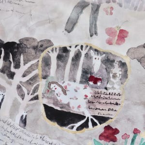 May include: Watercolor painting of a sleeping woman in a forest with a goat holding a book. The painting is done in shades of gray, white, and red.