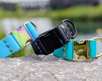 1.5'' Waterproof Dog Collar, Side Release, Teal, Brass, Vegan Leather Collar, Faux Leather Dog Collar, Quick Release, Biothane Dog Collar