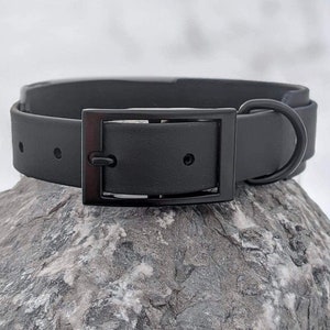 1 &#39;&#39; Wasserdichtes Hundehalsband, Schwarz, Mattschwarze Schnalle, Titan Halsband, Vegan Lederhalsband, Kunstleder Hundehalsband, Biothane Hundehalsband