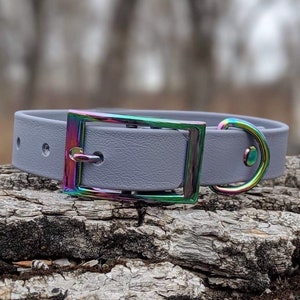 May include: A grey rubber dog collar with a rainbow iridescent metal buckle and D-ring.