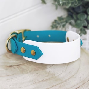 1&#39;&#39; waterdichte halsband, Goliath-halsband, groenblauw, wit, messing gesp, veganistische leren halsband, kunstleer, biothane-halsband