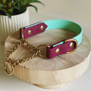 1 &#39;&#39; Wasserdichtes zweifarbiges Martingale-Hundehalsband, Seafoam-Grün, Wein, Messing, veganes Lederhalsband, Kunstlederhalsband, Biothane