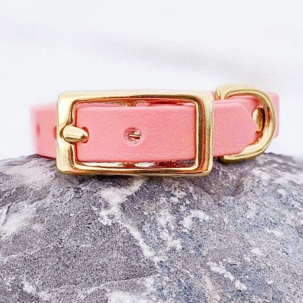 1/2'' Waterproof Cat Collar, Small Dog Collar, Coral Pink Collar, Brass, Classic Collar, Vegan Leather Cat Collar, Faux Leather, Biothane