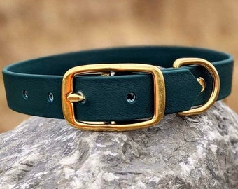 Collar impermeable para perro de 1'', color verde bosque, hebilla de latón, collar clásico, collar de cuero vegano, collar de cuero sintético, collar de biotano