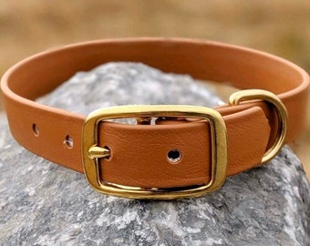 1'' Waterproof Dog Collar, Chestnut Collar, Brass Buckle, Classic Collar, Vegan Leather Collar, Faux Leather Dog Collar, Biothane Collar