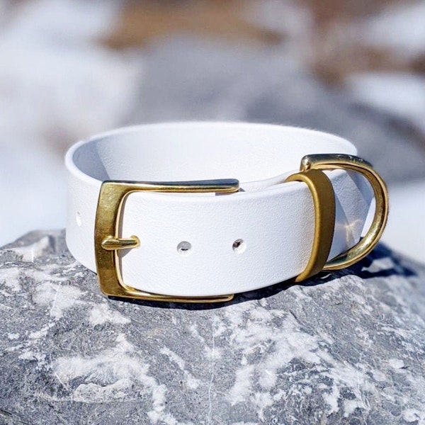 1.5'' Waterproof Dog Collar, White, Gold, Brass Buckle, The Enzo Collar, Vegan Leather Collar, Faux Leather Dog Collar, Biothane Collar