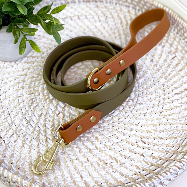 1'' Waterproof Two Tone Dog Leash, Olive Green, Chestnut, Brass, Leather Alternative, Vegan Leather, Faux Leather Leash, Biothane Leash