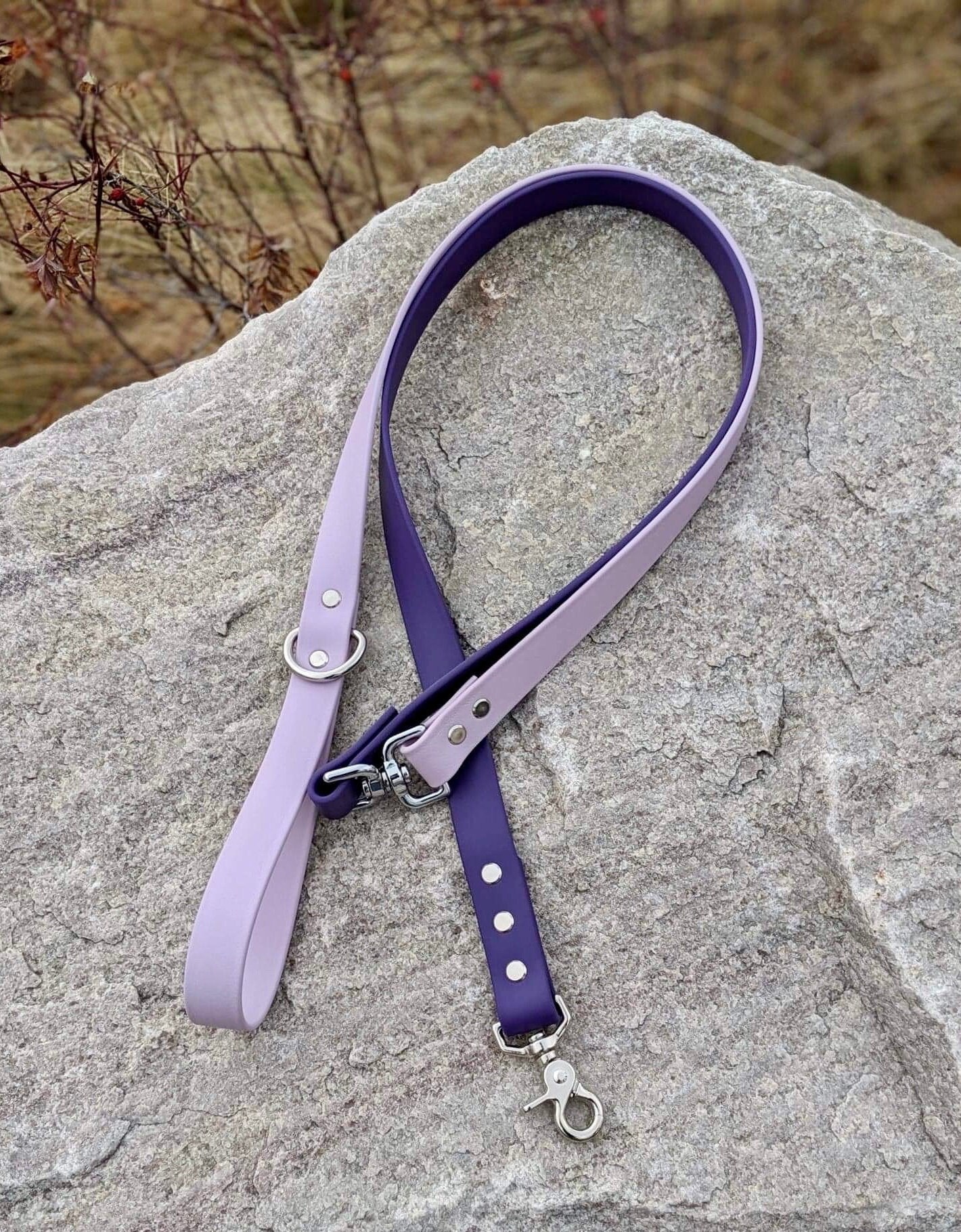 1'' Waterproof Dog Leash, Lilac & Purple, Silver Scissor Hook, The Helix Vegan Leather Biothane Leash Biothane, Faux