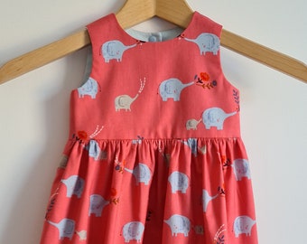 Lily dress in Elephants on Coral, extended bodice handmade children's dress, sizes 0-3 months-3 years, party dress, summer dress