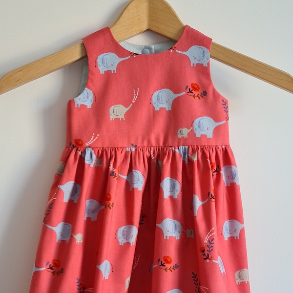 Lily dress in Elephants on Coral, extended bodice handmade children's dress, sizes 0-3 months-3 years, party dress, summer dress