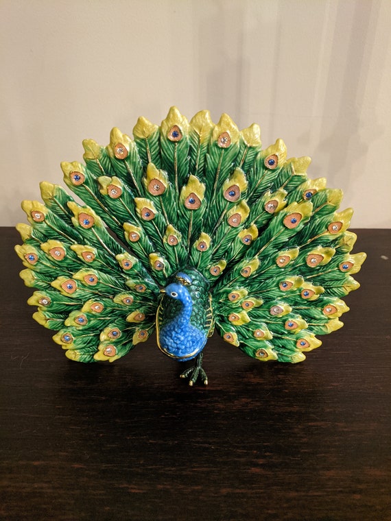 Peacock Trinket Box with Colored Crystals Marked