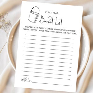 Juego de baby shower con lista de deseos para bebés, tarjeta de actividades minimalista para el primer año del bebé, actividad de baby shower con lista de deseos, plantilla editable de Canva