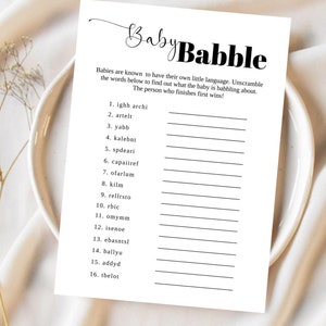 Juego de balbuceo para bebés, juegos para baby shower, baby shower, ¿Qué dijo el bebé?, tarjeta de juego minimalista imprimible, descarga instantánea