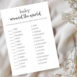 Jeu de baby shower autour du monde pour bébé, jeu d'association pour baby shower, bébé dans différentes langues, traduction du mot bébé, téléchargement immédiat